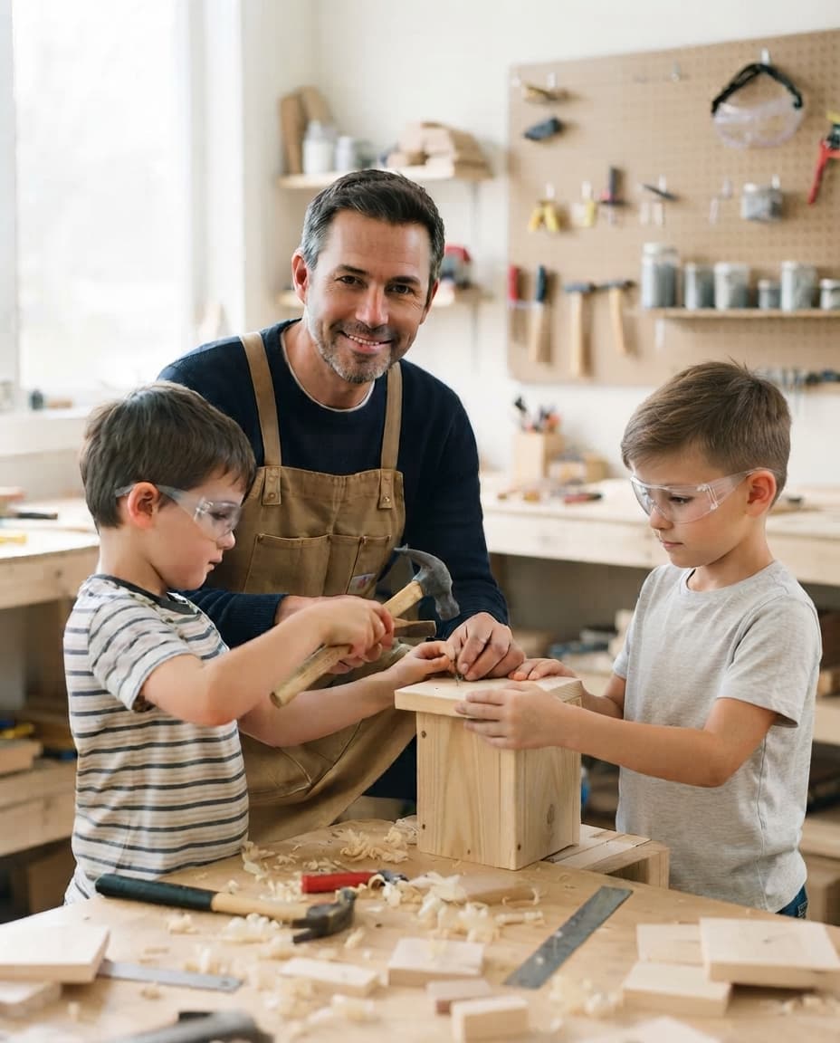 Deux enfants construisent un nichoir avec leur intervenant